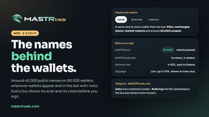 A promotional graphic for 'MASTrtrade' version 0.9.101.11, highlighting 'The names behind the wallets' with information about people, exchanges, and fees.