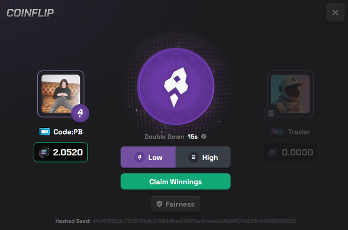 A "Coinflip" gambling interface shows a user (Code:PB) with 2.0520 SOL ready to claim winnings after selecting "Low," beating the bot trader's 0.0000 balance. The displayed Double Down timer at 15s and Hashed Seed confirm an active crypto betting session, illustrating the easy solana profit referenced in the caption.