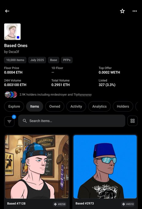 A screenshot of the OpenSea collection page for "Based Ones" by 0xca3f, showing a 10,000-item NFT collection with a 0.0004 ETH floor price and 2.9K holders, featuring two illustrated character NFTs (#8250 and #4510). The image relates to the post by displaying the marketplace details of the BasedCoinL2 NFT project the user is advocating for, highlighting its staking utility and investment potential.