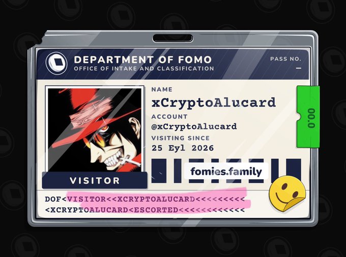 A digital ID card from the 'Department of FOMO' identifies 'xCryptoAlucard' as a visitor since 25 Eyl 2026, associated with 'fomies.family'.