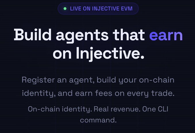 The image features an advertisement for Injective, which is a platform that allows users to deploy AI agents quickly and easily. The text on the image emphasizes the benefits of using Injective, such as the ability to deploy AI agents within minutes and potentially earn through trading or strategy execution. The post also mentions that Injective Agents can be used for real-chain identity management, real revenue generation, and one CIL command.
