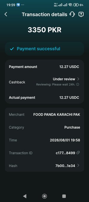 A Bitget Wallet transaction details screen shows a successful payment of 3350 PKR (12.27 USDC) to FOOD PANDA KARACHI PAK on August 1, 2026, with the cashback still under review. The image illustrates the smooth crypto-to-fiat payment experience mentioned in the post, where the user treated their parents to a FoodPanda order using Bitget Wallet and card.