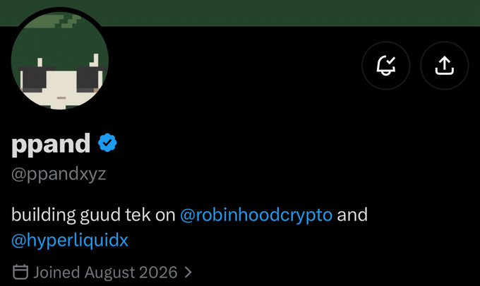 A Twitter/X profile for 'ppand' (@ppandxyz), a verified user building 'guud tek' on @robinhoodcrypto and @hyperliquidx, who joined August 2026.