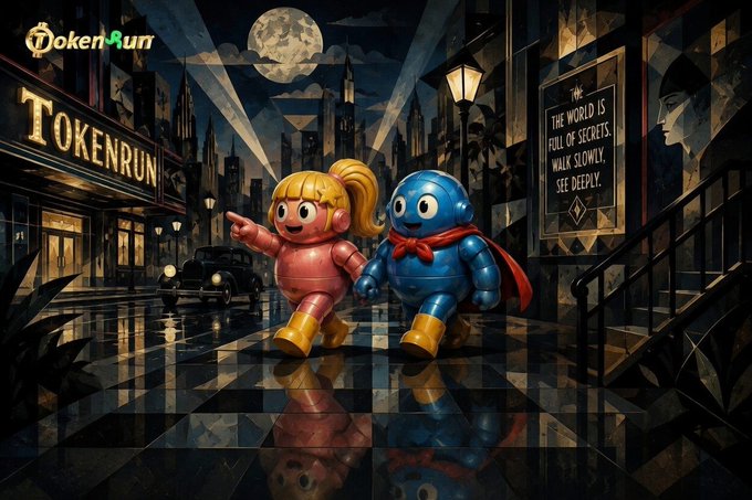 A retro-style illustration features two toy-like characters—a blonde girl in pink and a blue round figure wearing a red cape—walking through a moonlit, noir-inspired city street with a "TOKENRUN" sign on a theater marquee. A quote on the right reads, "THE WORLD IS FULL OF SECRETS. WALK SLOWLY. SEE DEEPLY." The whimsical, adventurous artwork captures the exploratory spirit of the TokenRun AMA announcement, inviting viewers to discover what lies ahead.