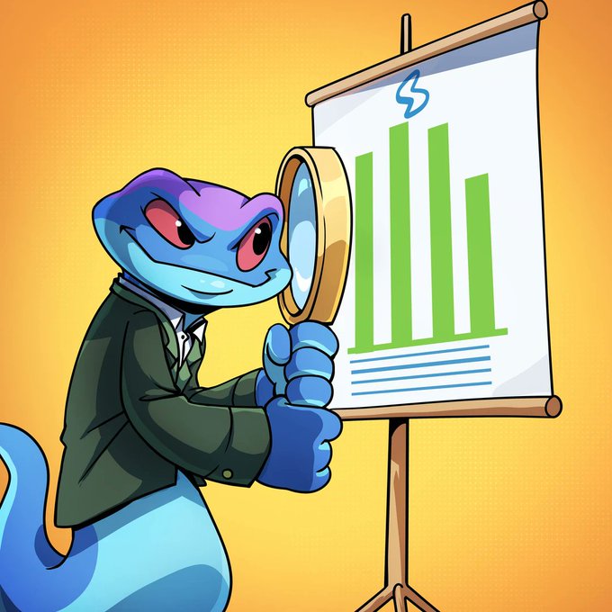 A cartoon blue gecko wearing a suit and tie examines a bar chart on an easel with a magnifying glass against an orange background.
