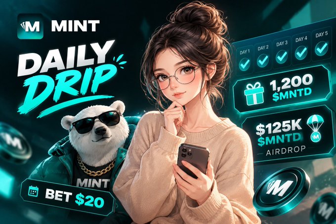 A promotional graphic for 'MINT DAILY DRIP' featuring an anime-style woman with glasses holding a phone, alongside a bear in sunglasses, with text showing 'BET $20', a 5-day reward streak, '1,200 $MNTD', and '$125K $MNTD AIRDROP'.