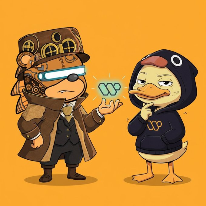 A steampunk-styled character presents a glowing "wallchain" logo to a skeptical-looking duck wearing a black hoodie emblazoned with the same logo, visually representing how Wallchain rewards consistent content creators over sporadic posters.