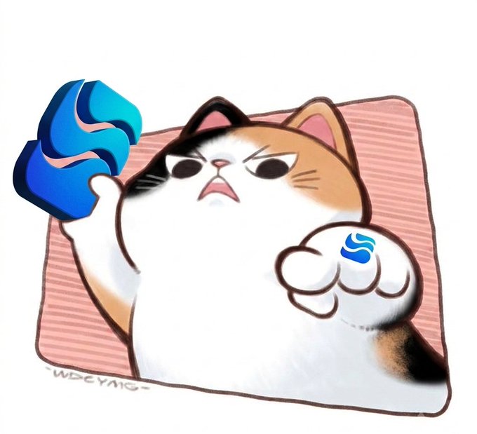 A cartoon illustration of an angry calico cat holding a blue object and a white cloud-like shape with a blue logo, signed by artist woeyang.