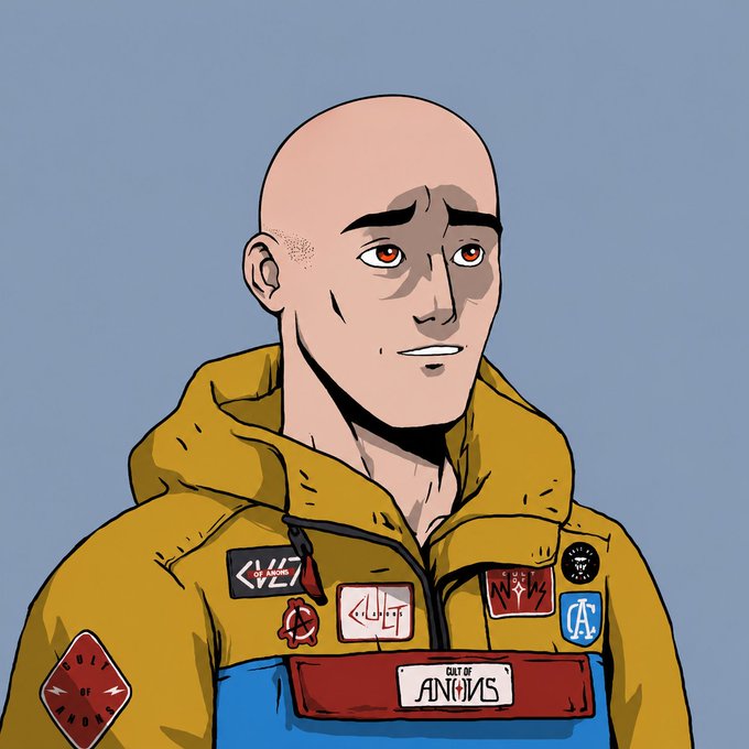 A digital illustration of a bald man wearing a yellow jacket with various patches, including one that reads 'OUT OF ANONS', with a slight smile.