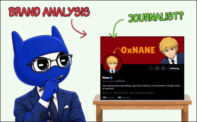 An illustration of a blue cat-like character in a suit labeled 'BRAND ANALYSIS' examining a Twitter profile for '0xNANE' that is labeled 'JOURNALIST?'.