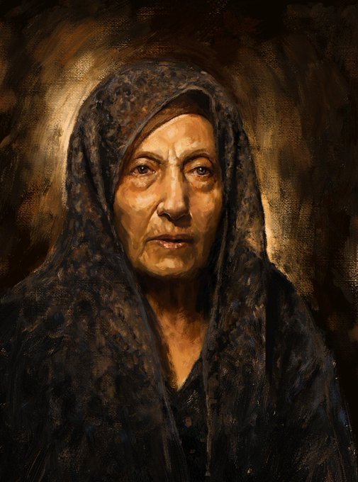 A dark, painterly portrait of an older woman with a solemn expression, wearing a textured black head covering, rendered with dramatic lighting.