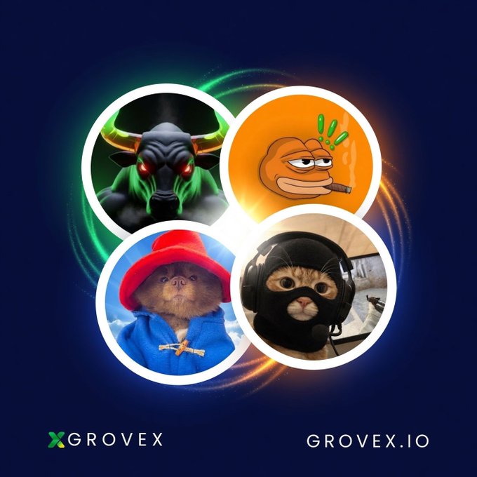 A promotional graphic for 'GROVEX' displaying four circular images of stylized characters (a demonic bull, a cartoon head with a cigar, Paddington Bear, and a cat in tactical gear) with the website 'GROVEX.IO'.