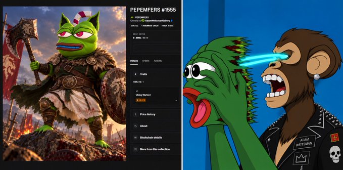 The image shows a split-screen with a Pepemfers NFT (#1555, priced at 0.4666 ETH) featuring a warrior Pepe character on the left, and an illustration of a cartoon monkey shooting lasers at a green Pepe on the right. The caption highlights how the Pepemfers collection offers affordable NFT art, with the post emphasizing that owning this 1/1 piece costs only $36—less than a framed poster—making it accessible for mass adoption while joining a unique community.