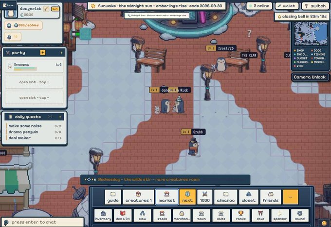 A pixel-art multiplayer game interface titled "dangerish" shows players like "frost775," "Vidx," and "Gngh" gathered in a snowy town square with a chat reading "Wednesday - the wilds stir - rare creatures roam." The image showcases the current state of the in-game map after 2.5 months of development, highlighting progress from initial build to a more populated and detailed environment.