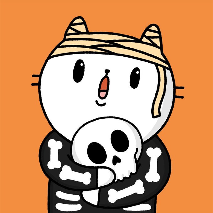 A cartoon illustration of a white cat wearing bandages on its head, dressed in a black skeleton costume while holding a skull, set against an orange background.