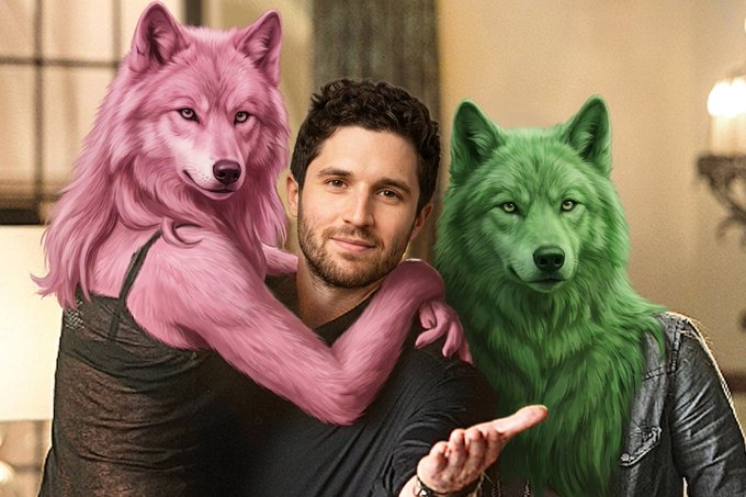 A man poses with a pink wolf on his right shoulder and a green wolf beside him, visually representing a "pairing" of two differently colored wolf figures. The image creatively illustrates the $PACK pairing concept by showing two distinctly hued wolves together with a central human figure, symbolizing a unique combination or matchup.