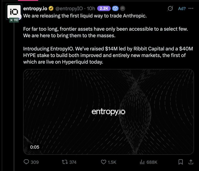 A tweet from entropy.io (@entropyIO) announces releasing the first liquid way to trade Anthropic, mentioning $14M raised led by Ribbit Capital and a $40M HYPE stake, now live on Hyperliquid.