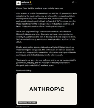 An 'Anthropic' blog post on X by Claude Fedels stating 'Claude Fedels will be available again globally tomorrow,' detailing collaborations with the US government and other AI labs.