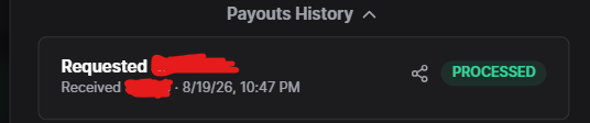 A dark-themed 'Payouts History' interface showing a 'Requested' amount and 'Received' on 8/19/26 at 10:47 PM, both obscured in red, with a green 'PROCESSED' status badge.