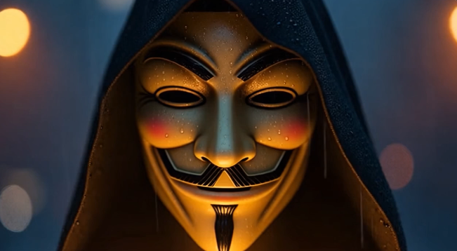 A stylized digital artwork or AI-generated image of a person wearing a Guy Fawkes mask and a dark hood, illuminated by warm orange lights in the background.
