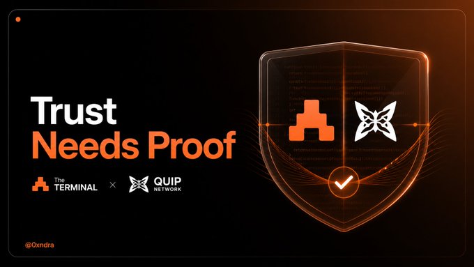 A promotional banner reading "Trust Needs Proof" announcing a partnership between "The Terminal" and "QUIP Network," featuring shield and butterfly logos with a verification checkmark.