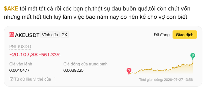 A Vietnamese text post mentions $AKE losses, showing a trading chart for PNL (USDT) on AKEUSDT with a -561.33% drop and an entry price of 0.0010477.
