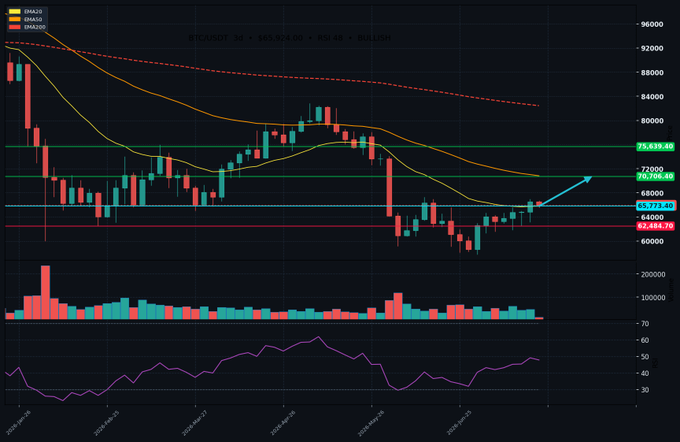 A dark-themed cryptocurrency candlestick chart showing BTC/USDT with 365-day moving averages and an RSI indicator, displaying prices ranging around $60,000-$96,000.