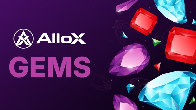 urn of red and blue gemstones, with a purple background and white Allox logo.