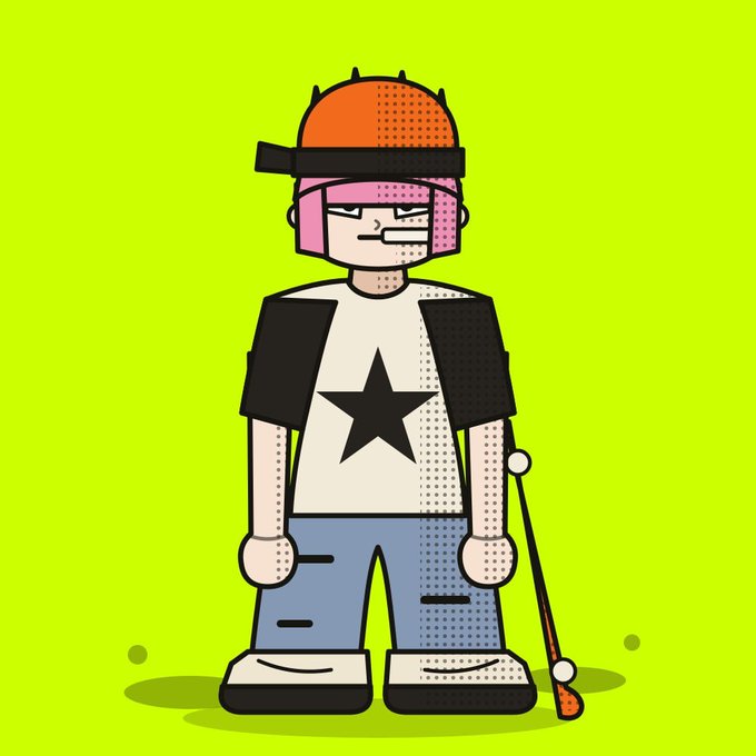 A cartoon illustration of a character with pink hair wearing an orange helmet, a star t-shirt, and blue pants, holding a golf club against a lime green background.