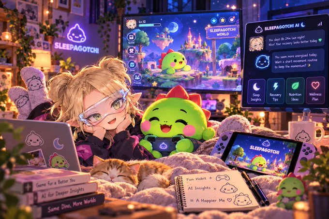 A cheerful anime-style girl with blonde hair lounges alongside a cute green dragon-like "Sleepagotchi" plush and sleeping cat, surrounded by screens displaying the Sleepagotchi World interface and its AI chatbot offering recovery tips and wellness plans. The scene reflects the post's theme, showcasing how Sleepagotchi blends its game experience ("Sleepagotchi World" level 12, with gameplay and worlds) alongside AI-driven features like "Sleep Insights," "Recovery Tips," "Nutrition Ideas," and a "Wellness Plan" to enhance healthy routines.