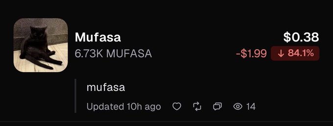 Screenshot of a cryptocurrency token called 'Mufasa' priced at $0.38, showing a loss of -$1.99 (down 84.1%) with a black cat as its profile image.