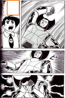 A manga page featuring black-and-white panels with a man wearing a skull tie yelling, alongside several depictions of a masked cyborg or armored character with action lines in the background.