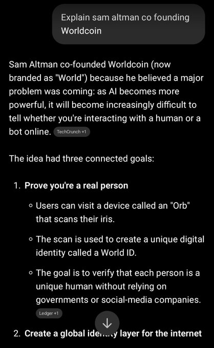 The image shows a screenshot of a cell phone screen with text displayed, which appears to be an explanation or instructions for creating a global identity layer for the internet. The text instructs users to create a global identity layer by connecting three goals: verifying their identity using a World ID, and creating a unique digital identity that is not reliant on governments or social media companies.