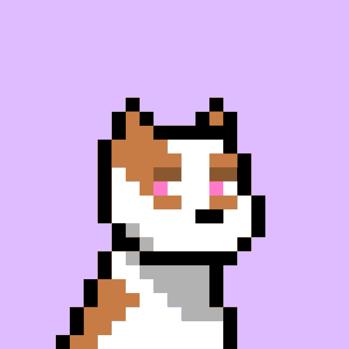 A pixel art illustration depicts a white and orange cat with pink cheeks and closed eyes set against a solid light purple background.