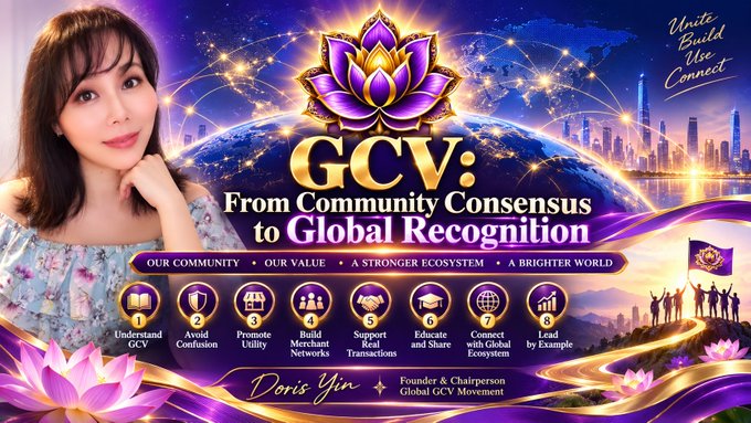A woman named Doris Yin, Founder & Chairperson of the Global GCV Movement, appears beside a promotional graphic that outlines GCV's mission—"From Community Consensus to Global Recognition"—with eight guiding principles (Understand GCV, Avoid Confusion, Promote Utility, Build Merchant Networks, Support Real Transactions, Educate and Share, Connect with Global Ecosystem, Lead by Example), tying into the post's message about how Open Standard and OUSD connect digital value to global financial infrastructure.
