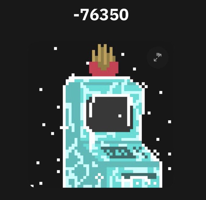 A pixelated, icy-blue "B" letter with a Space Invaders-style alien perched on top is displayed against a dark starry background, with the number "-76350" shown at the top. This appears to be an Ordinals-style cursed inscription on the Bitcoin blockchain, celebrating a sale of a rare negative inscription artwork.