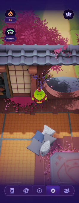 A screenshot from a mobile game showing a small green character in a Japanese-style room with pink foliage, displaying a score of 11 and 'Perfect' status.