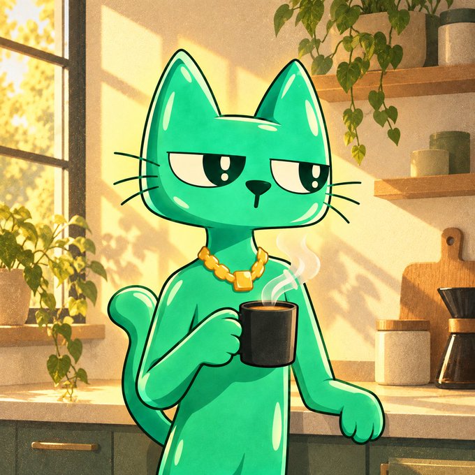 A cartoon illustration of a shiny teal-colored cat with a bored expression, wearing a gold chain and holding a steaming black mug in a sunlit kitchen.
