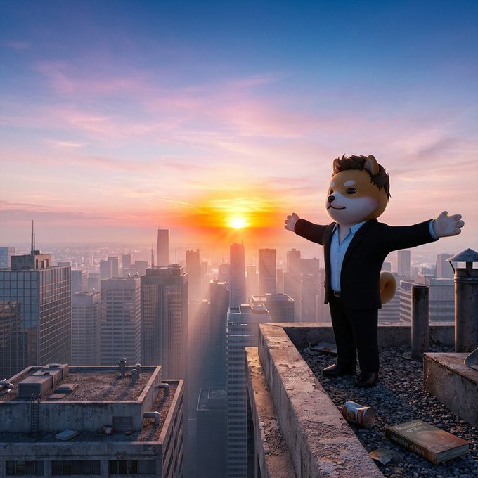 A 3D-rendered Shiba Inu mascot in a black suit stands triumphantly on a rooftop overlooking a city skyline at sunset.