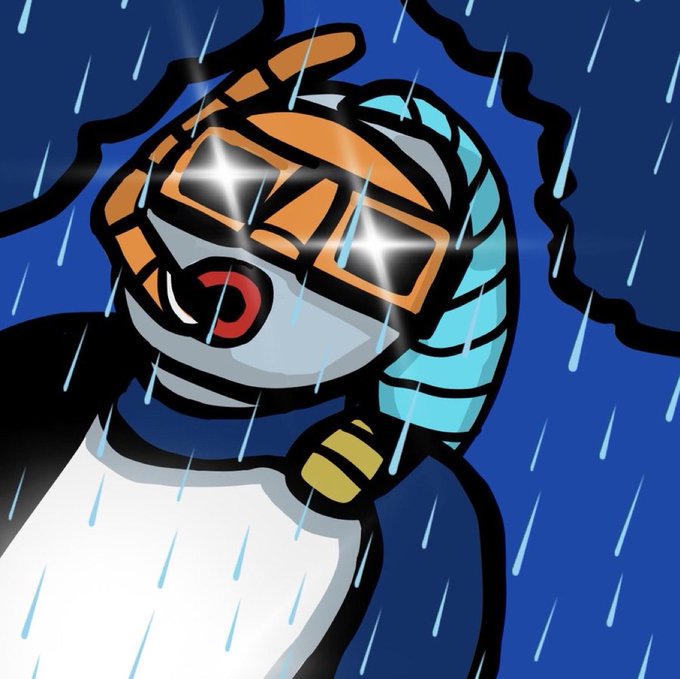 An illustration of a robot or cyborg character with a metallic orange and blue head, glowing white star-shaped eyes, and a red circular detail, set against a dark blue background with falling rain streaks.