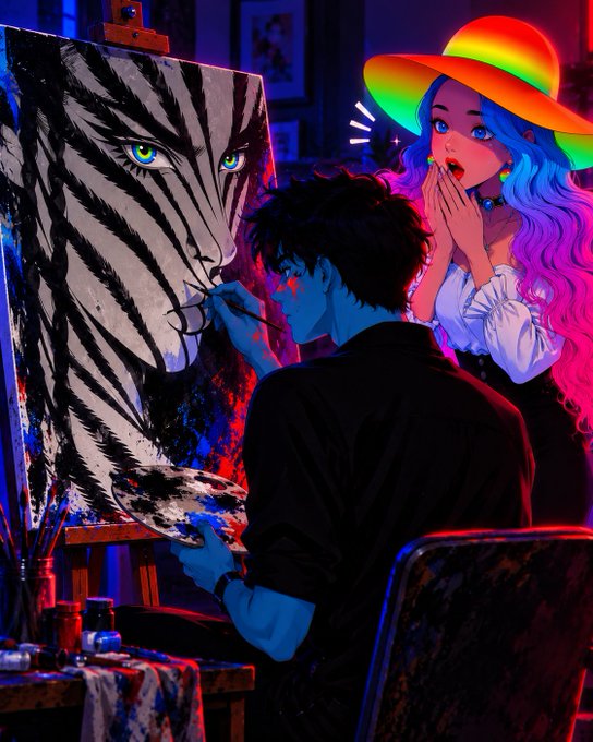 An anime-style illustration depicts a male artist painting a striking black-and-white striped portrait of a cat-like figure, while a girl with rainbow hair and a wide-brimmed hat watches in awe.