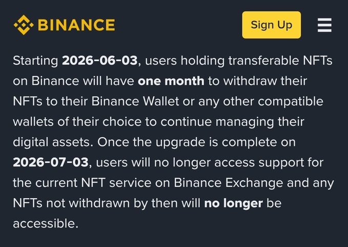 The image displays a screenshot of the website's homepage, which includes information about the Binance Big Update for NFT holders. The main text highlights that the Marketplace will close soon, and users should move their transferable NFTs before July 3rd to ensure they are still able to use them as intended. This emphasizes the importance of staying informed and taking action by closing an account on time or moving the transferable NFTs accordingly.