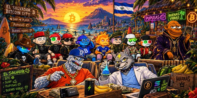 A vibrant cartoon illustration depicts El Salvador's "Bitcoin City" with characters including a Pepe-style figure wearing a "VøISC" cap, a shark, a sun-headed character, and various crypto mascots gathered around a table labeled "El Salvador BTC Surf Pupusas Buenas Vibras," with text referencing BTC, bananas, and El Salvador's surf culture as symbolic of the growing, multi-chain Web3 community mentioned in the post.
