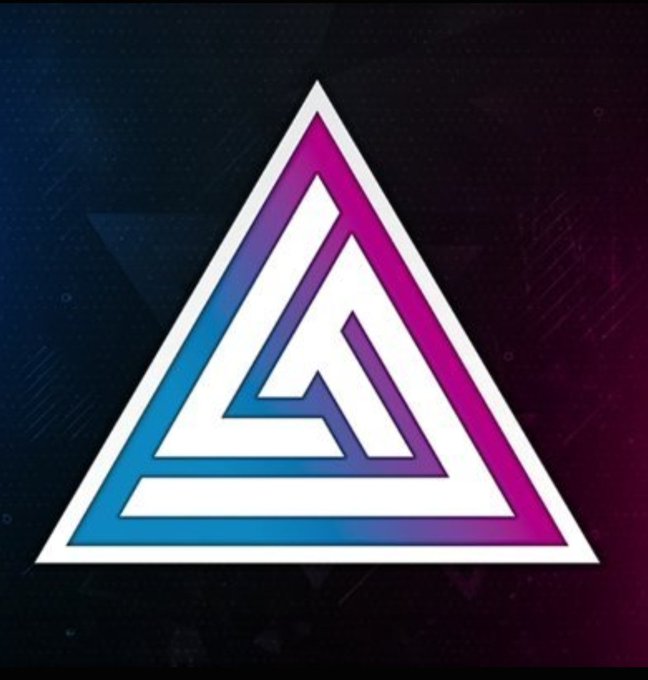 Stylized triangular logo with a gradient from blue to pink/magenta against a dark, textured background.