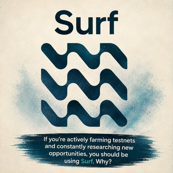 A vintage-style promotional poster for 'Surf' with a blue wave logo, reading 'If you're actively farming testnets and constantly researching new opportunities, you should be using Surf. Why?'