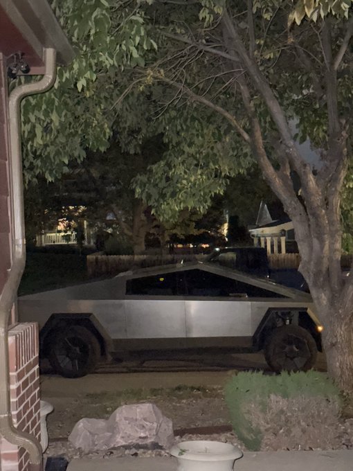 A silver Tesla Cybertruck parked on a residential driveway at night, partially obscured by a tree.