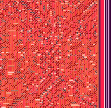 A textured, abstract pattern in shades of orange and red, featuring small geometric marks and a striped border on the right edge.