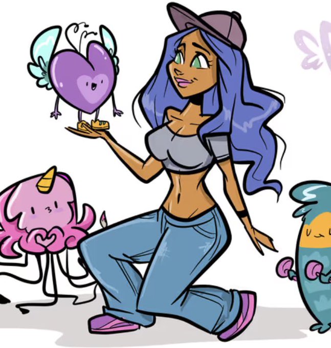 An illustration of a character with long purple hair, a cap, and blue jeans holding a small winged heart creature, surrounded by other colorful cartoon characters.