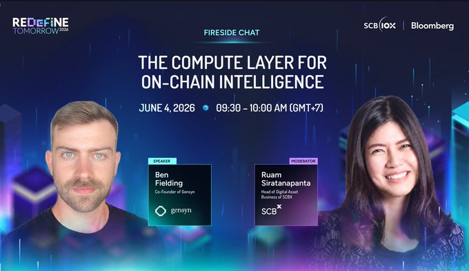 The image features a poster for an event called "The Computer Layer for On-chain Intelligence" that took place on June 4, 2016 at 9:30 am. The poster also includes the names of two speakers who presented at this event. One speaker is Ben Fielding, and the other is Rücken Straßenpäfer.