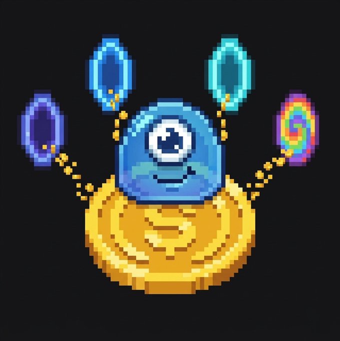 A pixel art image shows a blue one-eyed creature resting on a golden Ethereum (ETH) coin, holding four colorful balloons on strings. The image serves as a playful visual metaphor for the post's message about "embracing the multichain blob" — the smiling blob with multiple balloons represents the simplicity of native cross-chain USDC transfers (burn and mint), free from the tangled middleman risks of traditional bridging.